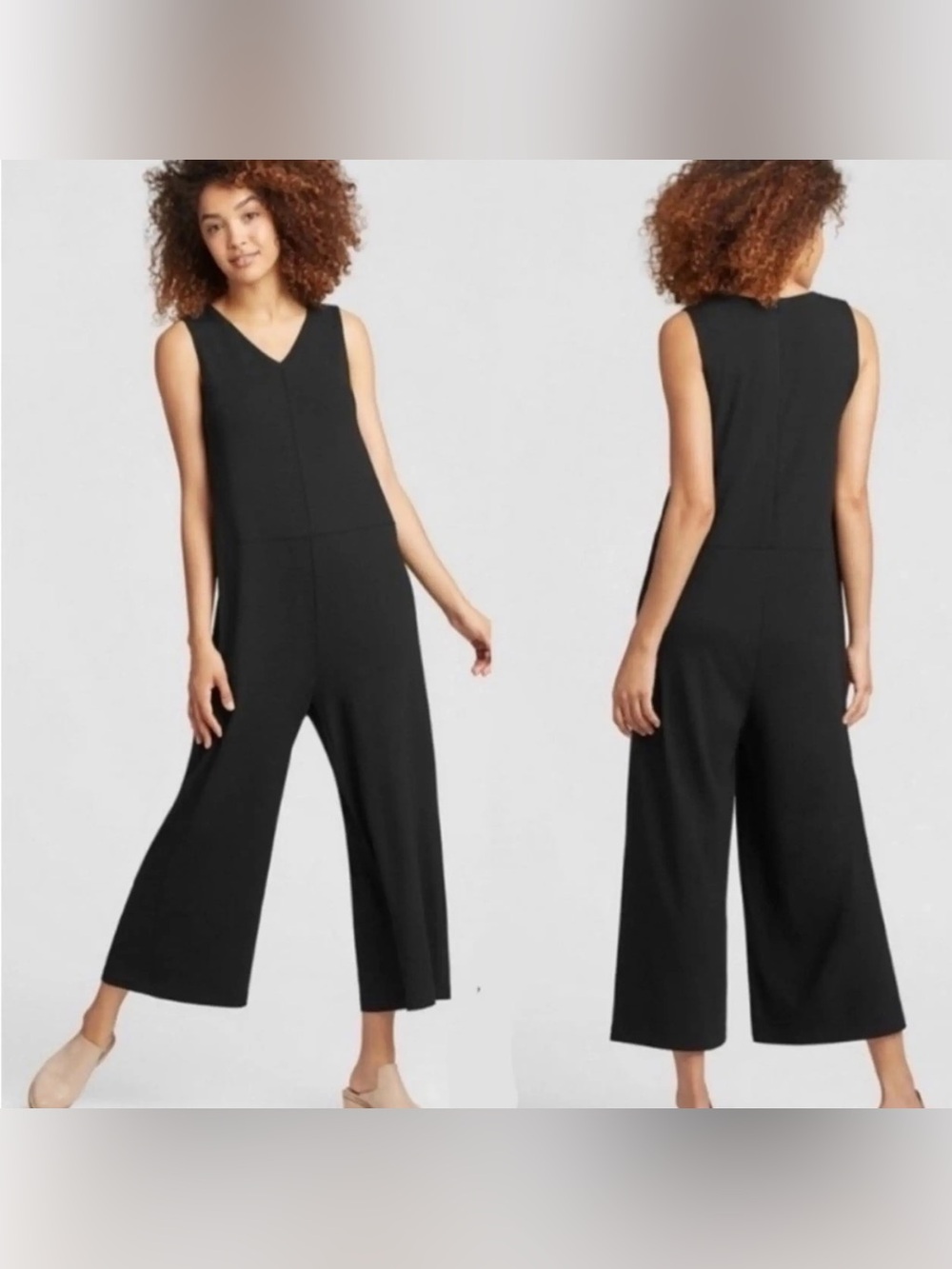 Eileen Fisher Viscose Jersey Wide Leg Vneck Jumpsuit in Black sz 1X Lagenlook